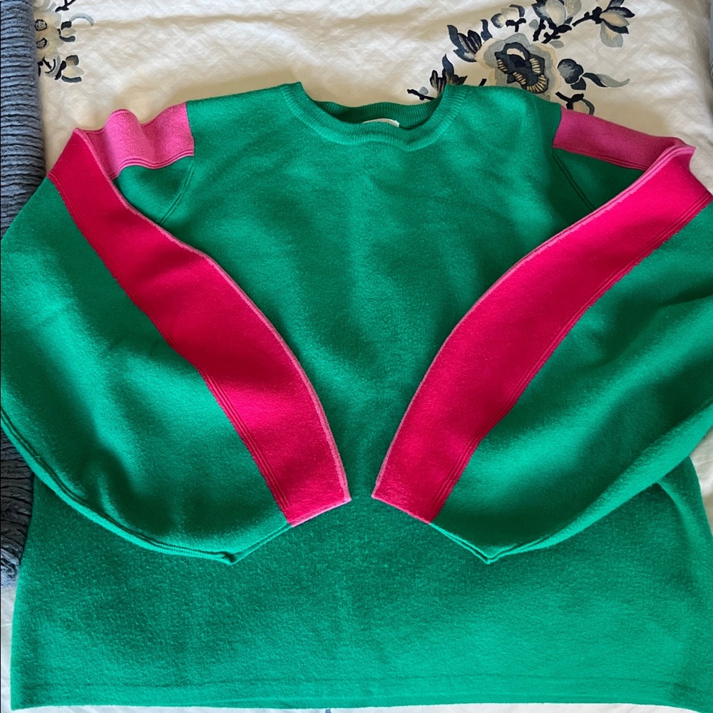 THML Green Sweater with Pink Accents- balloon sleeves